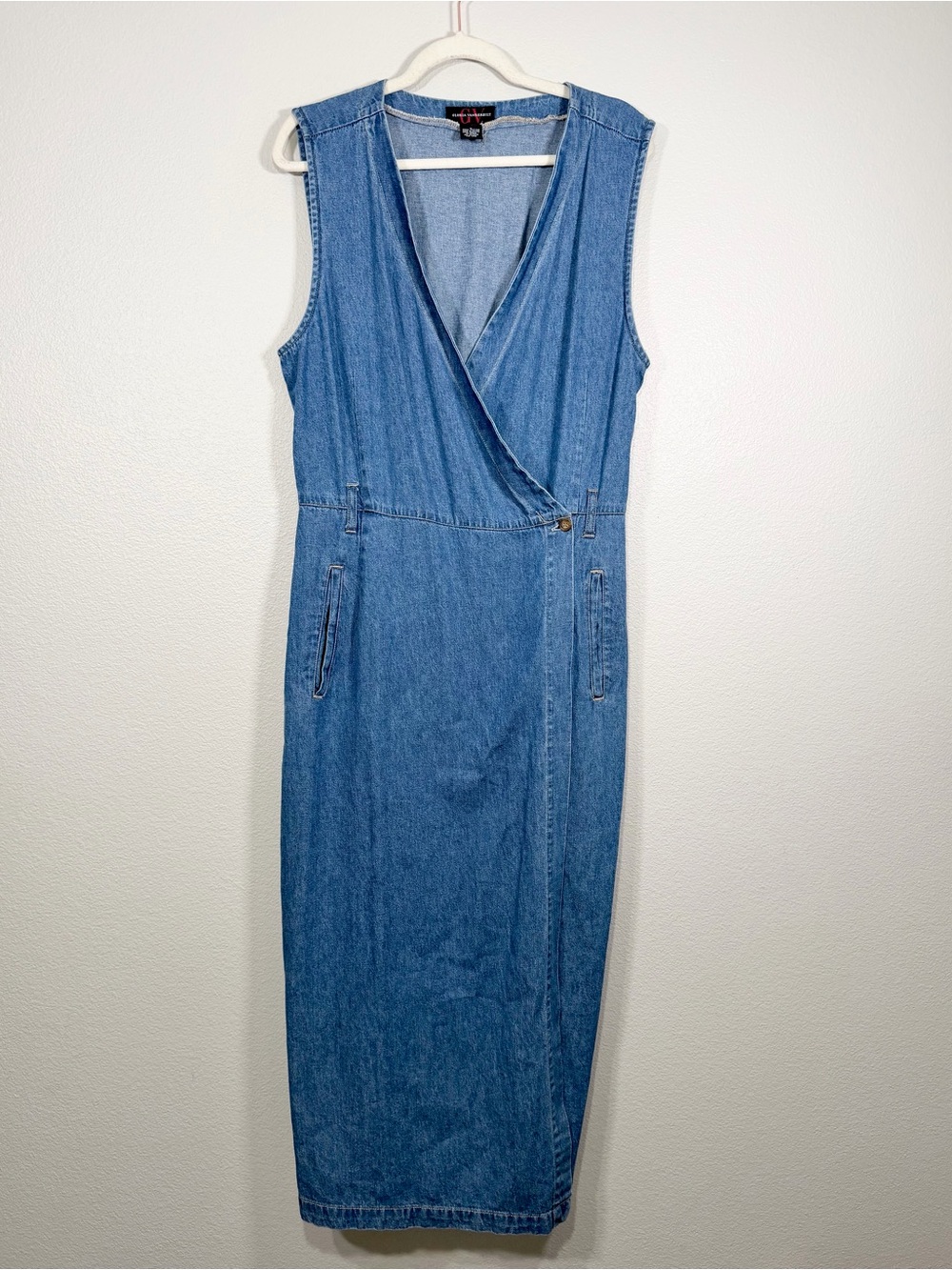 Vintage Gloria Vanderbilt Dress Blue Denim Sleeveless Wrap-Style Cotton Women M